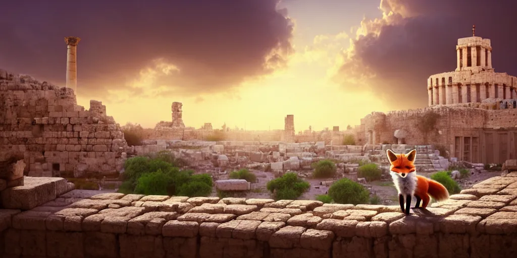 Prompt: a adorable small fox in the huge ruins of the second temple in jerusalem in the distance. the third temple hovers quietly hiding in the dreamy clouds above. a hooded bearded old man in a brown tunic laughing, colorful 8 k, art station, intricate superb details, digital art, cinematic, bokeh dof sky, by stalenhag.