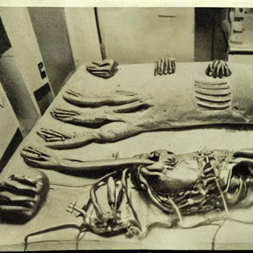 Prompt: old photo of an alien autopsy