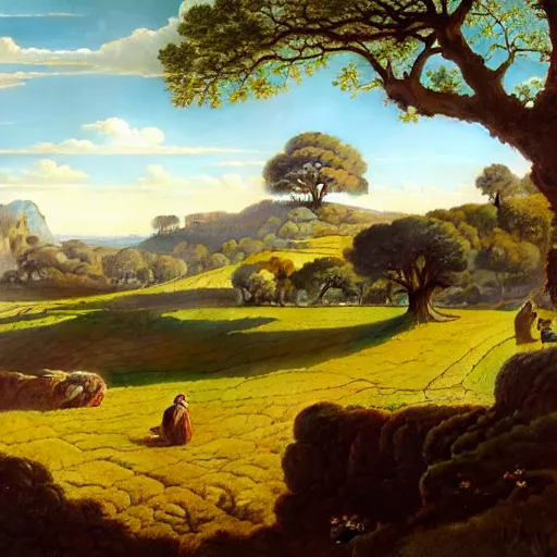 Image similar to highly detailed painting of an idyllic ancient roman pastoral landscape, dramatic, sense of scale, stephen bliss, unreal engine, greg rutkowski, ilya kuvshinov, ross draws, hyung tae and frank frazetta, tom bagshaw, tom whalen, nicoletta ceccoli, mark ryden, earl norem, global illumination, god rays, beautiful
