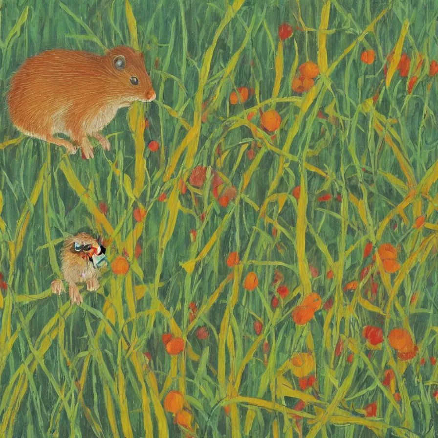 Image similar to harvest mouse in the style of Maud Lewis, oil on canvas