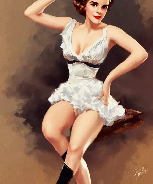 Image similar to emma watson pinup style full body portrait by Gil Elvgren, pinup pose, elegant, digital painting, trends on artstation, concept art