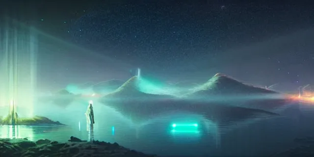 Prompt: beautiful glowing cubes all interconnected to each other with tubes, atmospheric lighting, intricate, volumetric lighting, beautiful, sharp focus, ultra detailed, in the art style of bowater, charlie, brom, gerald, lake baikal in the background, astrophotography