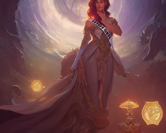 Prompt: miss universe, 8 k, deep focus, d & d, fantasy, intricate, elegant, highly detailed, digital painting, artstation, concept art, matte, sharp focus, illustration, hearthstone, art by artgerm and greg rutkowski and alphonse mucha