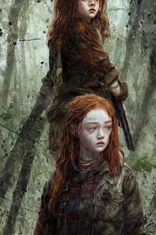 Image similar to sadie sink as ellie in the last of us, dirt, fashion, fantasy, art by ayami kojima, vasnetsov, cedric peyravernay