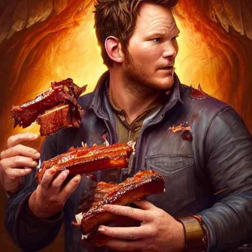 Prompt: Chris Pratt Eating BBQ Ribs, dripping BBQ Sauce, D&D, fantasy, intricate, elegant, highly detailed, digital painting, artstation, concept art, matte, sharp focus, illustration, hearthstone, art by Artgerm and Greg Rutkowski and Alphonse Mucha