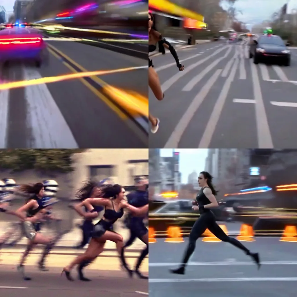 Prompt: dash cam screenshot of gal gadot running from the cops motion blur army of police