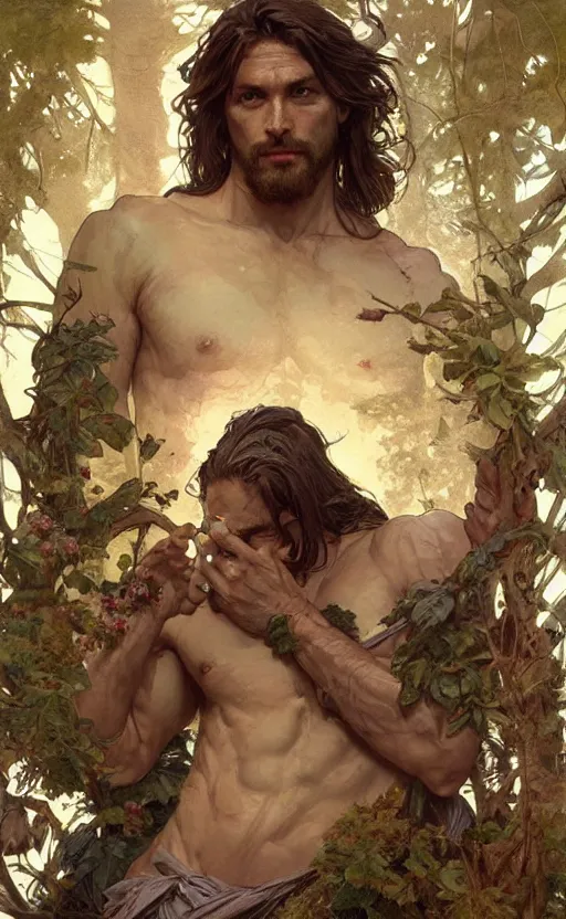 Image similar to god of the forest, 3 0 years old, rugged, handsome, male, detailed face, clean lines, atmospheric lighting, amazing, full body, thighs, flowers, muscular, intricate, highly detailed, digital painting, deviantart, concept art, sharp focus, illustration, art by greg rutkowski and alphonse mucha