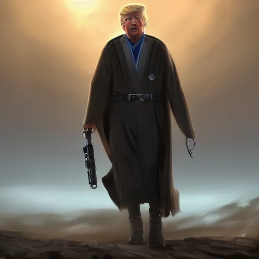 Image similar to Donald Trump as a jedi, post-apocalyptic, capitol hill, wlop, artstation, landscape, dark, atmospheric