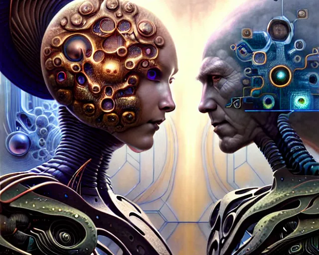 Prompt: the battle of humans against androids, fantasy character portrait made of fractals facing each other, ultra realistic, wide angle, intricate details, the fifth element artifacts, highly detailed by peter mohrbacher, hajime sorayama, wayne barlowe, boris vallejo, aaron horkey, gaston bussiere, craig mullins