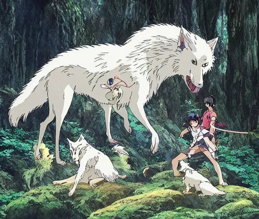 Image similar to Promotional photo of the live-action remake of the 1997 Studio Ghibli film Princess Mononoke. We see San riding her beautiful giant white wolf.