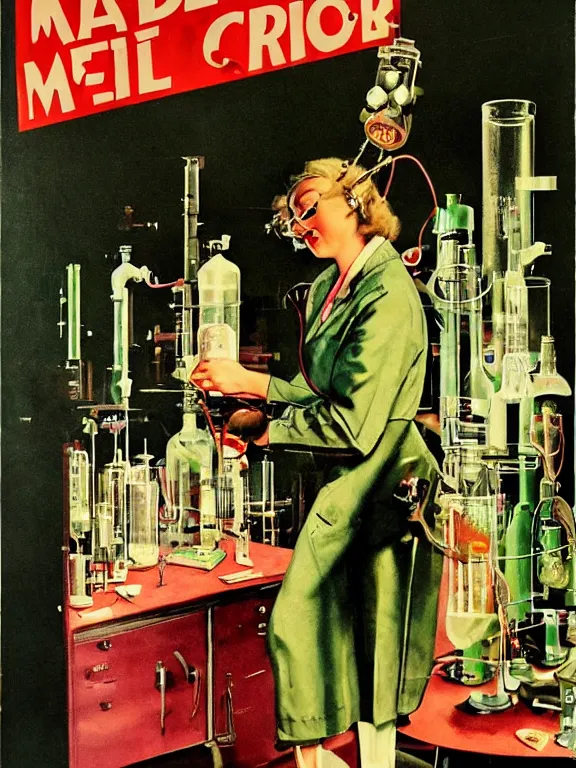 Prompt: A female mad scientist in a laboratory coat welding together a partially-built realistic retro robotic!!! man!!! in a suit, in a darkly lit laboratory room surrounded by test tubes and jars, 1950s horror film movie poster style, (Norman Rockwell oil painting), retro vintage, saturated pink and green lighting