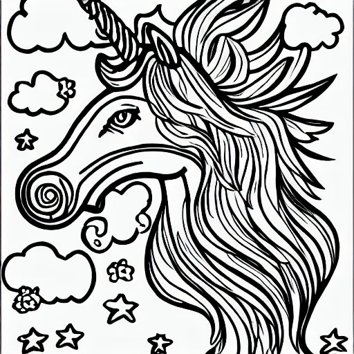 Prompt: unicorn coloring pages on white paper black outline