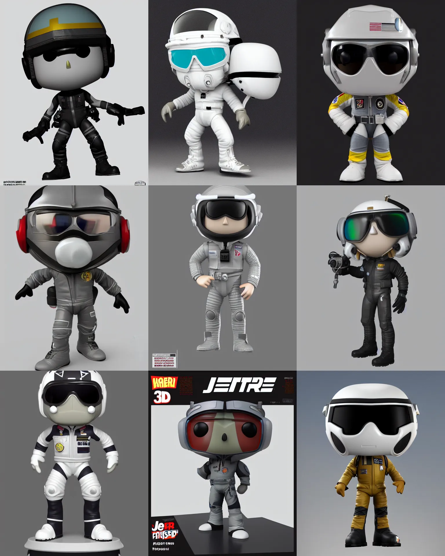 Prompt: full body 3 d render of jet fighter pilot as a funko pop!, studio lighting, white background, single body, no shadow, blender, trending on artstation, 8 k, highly detailed