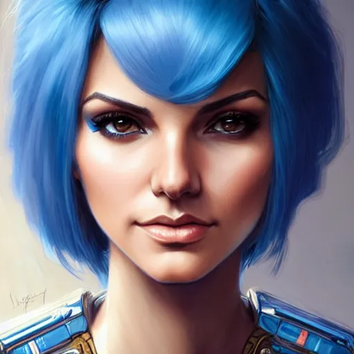 Image similar to Victoria Justice with blue hair as Commander Shepard, western, D&D, fantasy, intricate, elegant, highly detailed, digital painting, artstation, concept art, matte, sharp focus, illustration, art by Artgerm and Greg Rutkowski and Alphonse Mucha