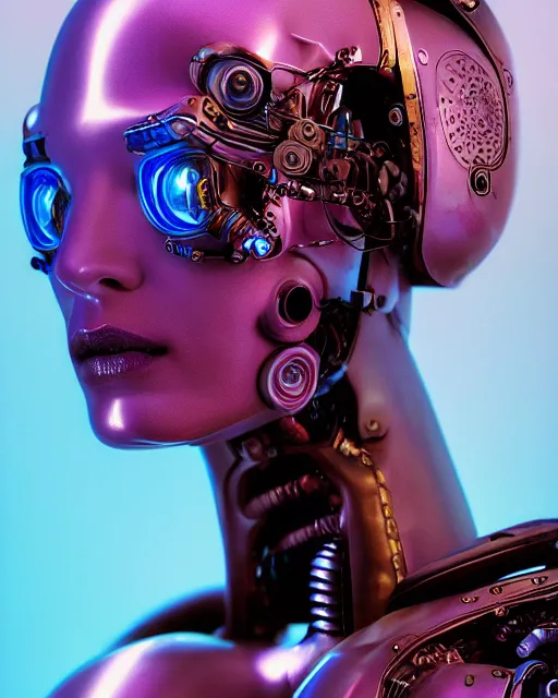 Prompt: natural light, soft focus portrait of a cyberpunk anthropomorphic female robot with soft synthetic pink skin, blue bioluminescent plastics, smooth shiny metal, elaborate ornate head piece, skin textures, by annie leibovitz, paul lehr