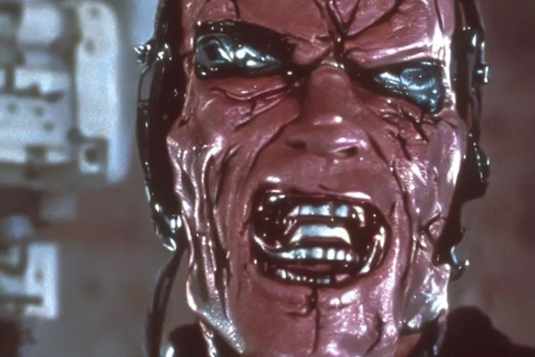 Image similar to Jack Nicholson plays Terminator, scene where his endoskeleton gets exposed, still from the film