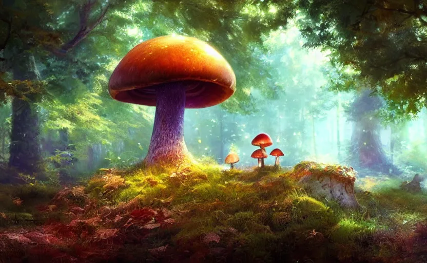 Image similar to a glowing mushroom in a magical forest, painting by craig mullins, octane rendering, soft morning lighting, wide angle lens, in the style of hayao miyazaki, trending on artstation,