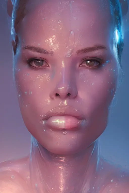 Image similar to attractive female i robot sticking tongue out sensually adn sweating, close - up portrait, intricate, elegant, volumetric lighting, scenery, digital painting, highly detailed, artstation, sharp focus, illustration, concept art, luis rollo, ruan jia, steve mccurry, john berkey