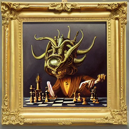 Prompt: alien playing chess looking wise, rococo oil painting, highly detailed