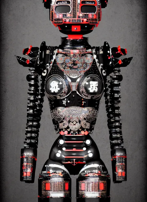 Image similar to full body portrait of a gothic style industrial punk robot with kanji tattoos and decals wearing a digital pixelated kimono, intricate design, photo - realistic, octane render, dark colour palette, ultra fine detailed, character design, trending on artstation