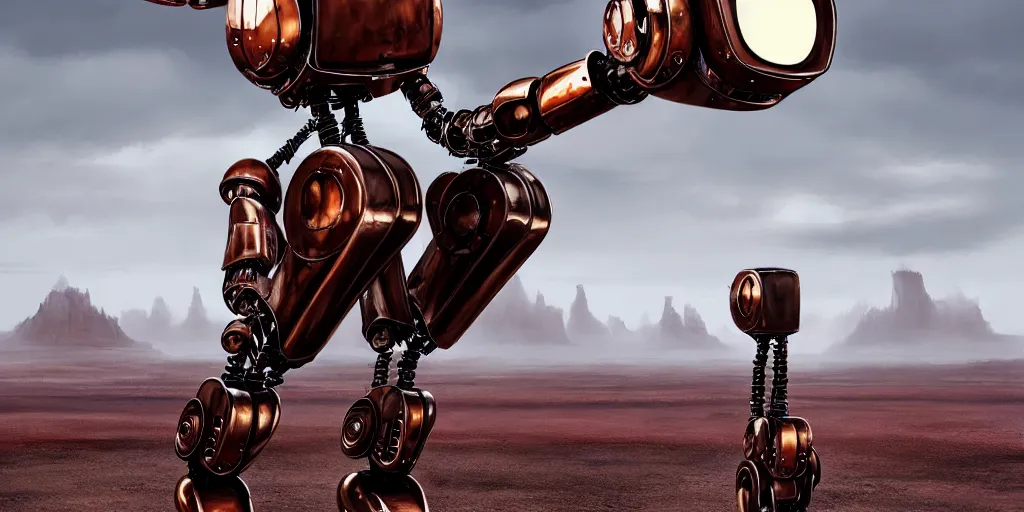 Prompt: a three - legged chrome robot wearing a long leather trenchcoat standing in front of hematite badlands, matte oil painting, rust, salt, science fantasy, sacred, shrines, trees, rpg, queer, lgbt, pride, epic, extremely detailed, sharp focus, 4 k