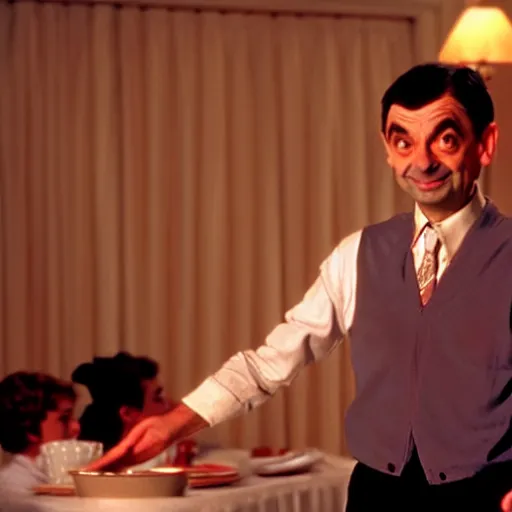 Image similar to mr. bean as baby houseman from dirty dancing. movie still. cinematic lighting.