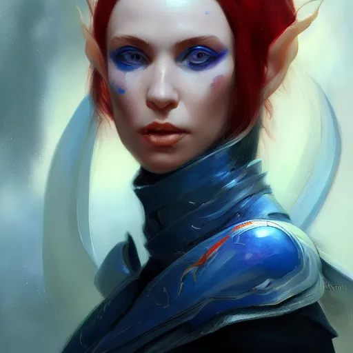 Prompt: A detailed matte oil on canvas portrait of a elven woman with blue red heterochomia and red hairs by greg rutkowski and Charlie bowater, trending on artstationhd, dungeons and dragons art
