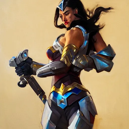 Image similar to greg manchess portrait painting of armored light wonderwoman as overwatch character, medium shot, asymmetrical, profile picture, organic painting, sunny day, matte painting, bold shapes, hard edges, street art, trending on artstation, by huang guangjian and gil elvgren and sachin teng