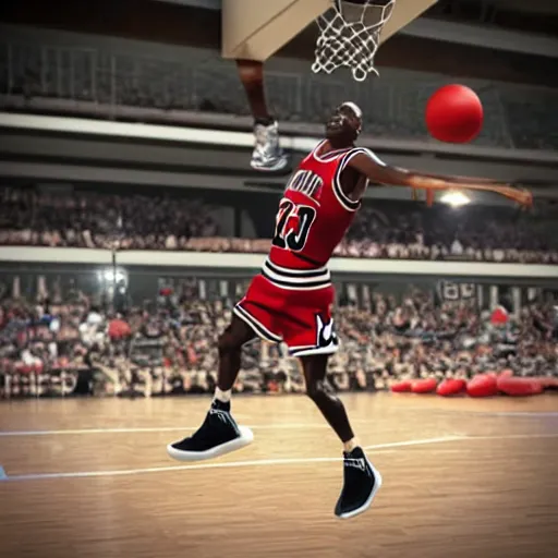 Image similar to small goblin dunking on Michael Jordan in basketball 3d render