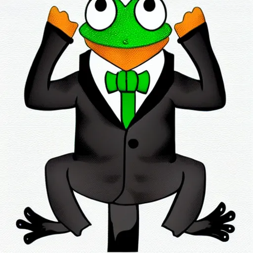Prompt: frog wearing a black tie suit