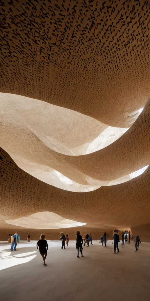 Image similar to indoor photo of a complex cultural building made of fractal rammed earth, people walking