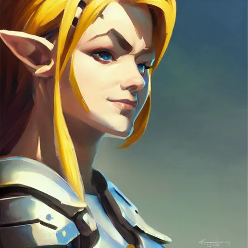 Image similar to greg manchess portrait painting of partially armored female link from legend of zelda as overwatch character, medium shot, asymmetrical, profile picture, organic painting, sunny day, matte painting, bold shapes, hard edges, street art, trending on artstation, by huang guangjian and gil elvgren and sachin teng