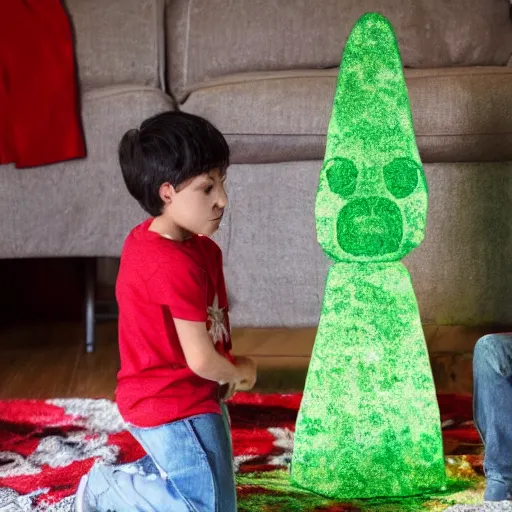 Image similar to a kid at christmas disappointed and sad that his present was a giant moai statue | inside of a house next to a christmas tree