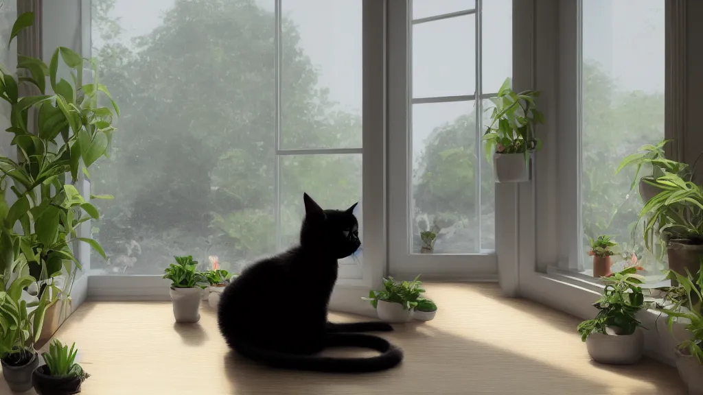 Image similar to peaceful dreamy painting of a content black cat sitting by a window and looking outside, sunshine coming through the window, small plants on the window sill, 8k, hyper realism, trending on artstation, octane render, dynamic lighting