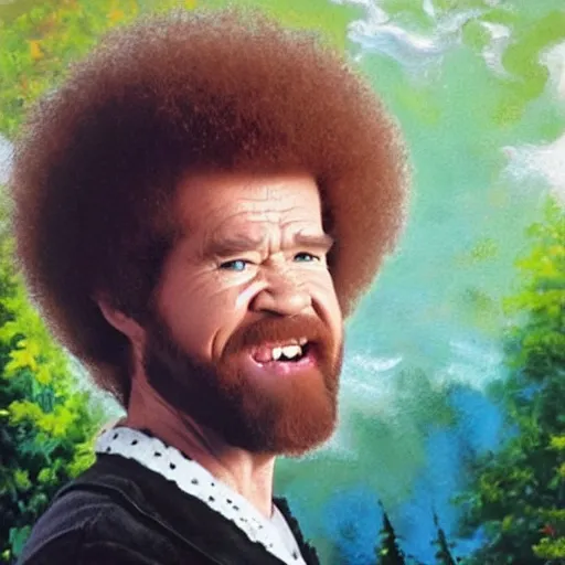 Image similar to insanely angry bob ross screaming at painting mistake