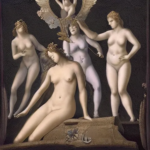 Image similar to the print shows venus seated on a crescent moon. she is surrounded by the goddesses ceres and bacchus, who are both holding cornucopias. pale by nagel patrick, by marco mazzoni, by miriam schapiro apocalyptic, rendered in unrealengine