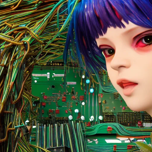 Image similar to piles of modular synth cables mixed with mangrove roots, kawaii puerto rican goddess staring through your soul wearing a headpiece made of circuit boards, by makoto shinkai, masamune, and stanley kubrick, unique perspective, eastman color, trending on artstation, cinematic, 3 d render, photorealistic