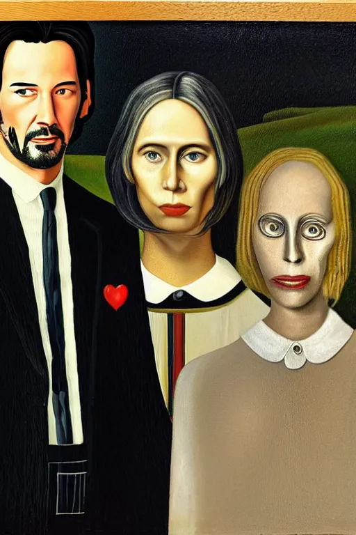 Image similar to painting of Keanu Reeves and Lady Gaga as the couple in American Gothic in the style of Grant Wood