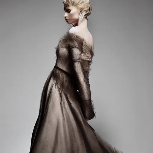 Prompt: delicate, semi transparant, high couture dress in a super model, warm light, studio setting
