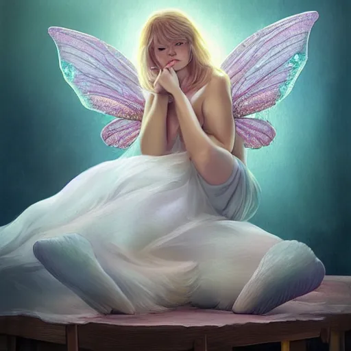 Image similar to a full body portrait a beautiful tooth fairy leaning over a bed, by Maxence and Ross Tran and Michael Whelan