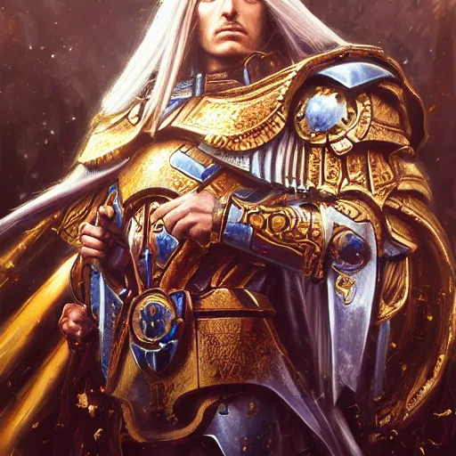 Prompt: the emperor of mankind, beautiful face, long black hair, a wreath on his head, digital painting, photo realism, super realistic detail, warhammer world 4 0, 0 0 0