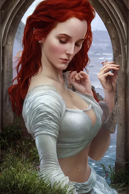 Prompt: a hyperdetailed matte painting of triss merigold as a princess asleep on a bed in a tower, window overlooking cliffs and crashing waves in the background, highly detailed, deep focus, elegant, digital painting, smooth, sharp focus, ultra realistic, 8 k, art by artgerm and alphonse mucha