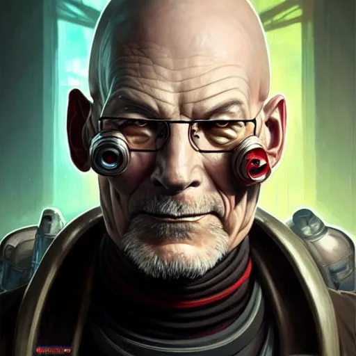 Image similar to portrait painting of a cyberpunk ork doctor muscular patrick stewart with fangs and tusks, ultra realistic, concept art, intricate details, eerie, highly detailed, photorealistic, octane render, 8 k, unreal engine. art by artgerm and greg rutkowski and charlie bowater and magali villeneuve and alphonse mucha