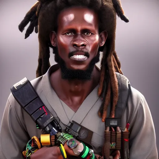 Prompt: beautiful feudal kenyan man, ghostbuster 1 5 6 7 dreaded hair, bob marley, intricate complexity 8 k character concept, ghostbusters, ghostbusters proton pack, ghostbusters trap, in feudal japan, atmospheric background, steampunk aesthetic, fresh food market, people, fine line detail, cinematic quality, high octane, cry engine, 4 k render, masterpiece, octane