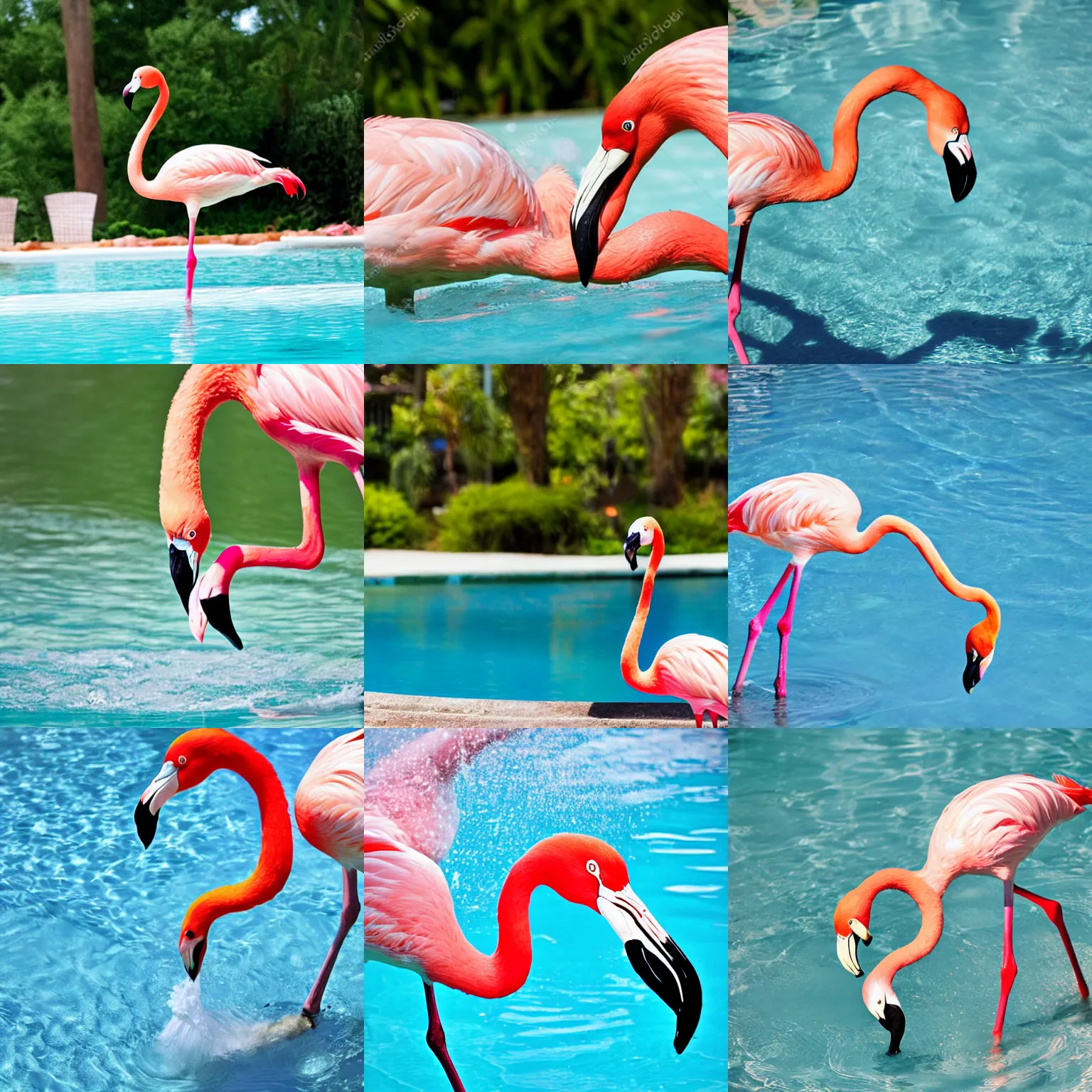 Prompt: flamingo playing in the pool