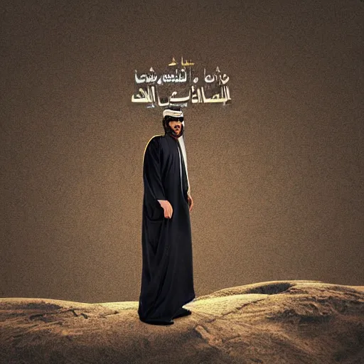 Image similar to arab man standing up in the mountains, album cover design illustration digital art