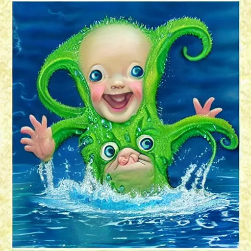 Image similar to cute baby cthulu splashing in the ocean