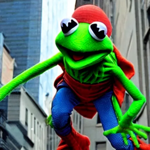 Image similar to photo of Kermit the frog as spider man in averngers movie