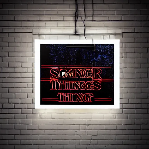 Image similar to stranger things poster hanging on a dark neon light brick wall