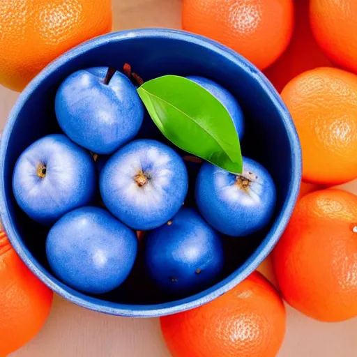 Prompt: A single blue apple in a bowl full of oranges, one blue apple, ten oranges, 4k, photo, hd,